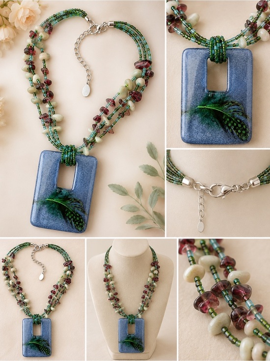 Jewelry - Boho Green Beaded Necklace Feather Resin Pendant Multi Strand Statement 21”